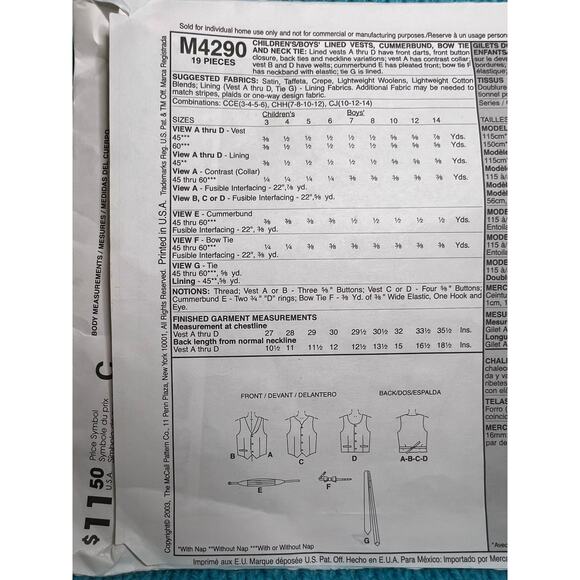 McCalls 4290 pattern kids Boys vest bow tie cummerbund neck tie size 10 12 14 - Picture 4 of 6